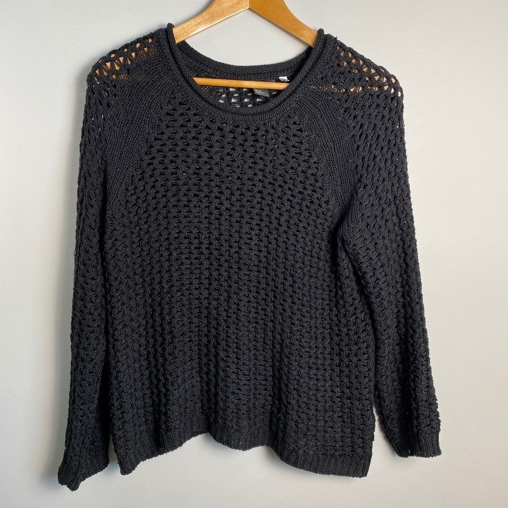 H&M Womens Black Loose Cable Knit Long Sleeve Popover Sweater Medium See-Through